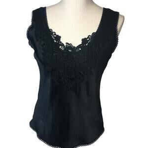 Silky Black Tank Top-Fitted with Lace Swoop Neckline Small